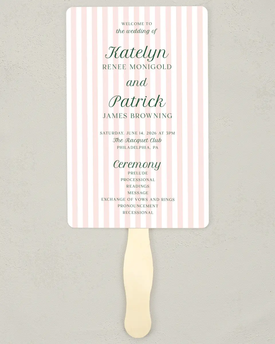 This is a 5" x 7⅞" Wedding Program Fan called A Perfect Match printed in full color with Gold foil on Luxe Satin (coated) paper