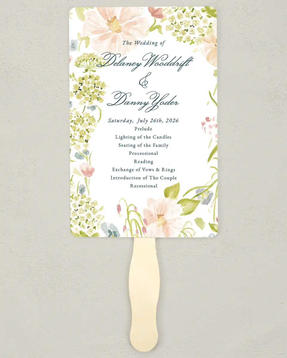 This is a 5" x 7⅞" Wedding Program Fan called Garden of Vows printed in full color on Premium Smooth paper