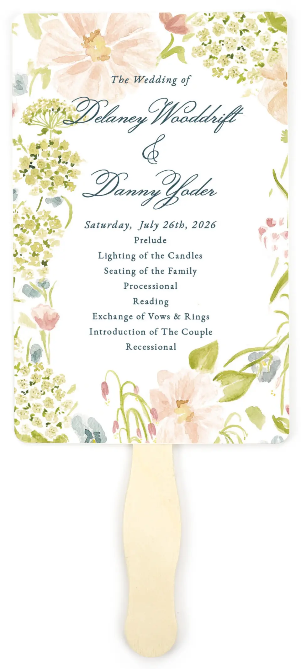 This is a 5" x 7⅞" Wedding Program Fan called Garden of Vows printed in full color on Premium Smooth paper