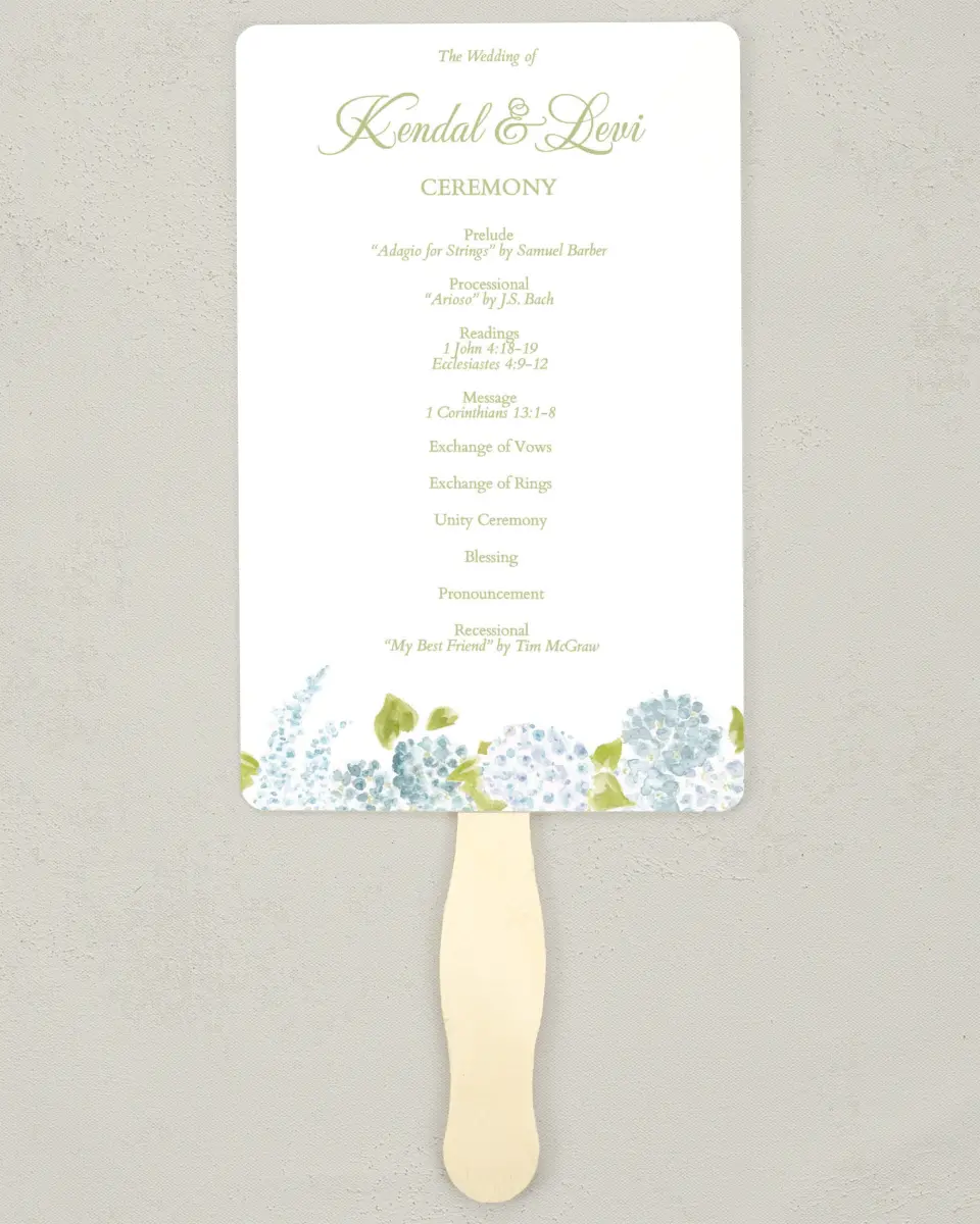 This is a 5" x 7⅞" Wedding Program Fan called Southern Belle printed in full color on Premium Smooth paper