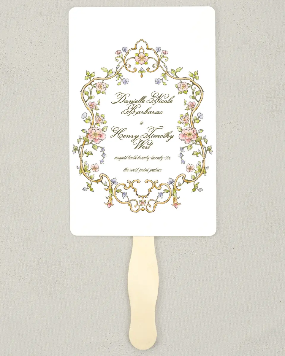 This is a 5" x 7⅞" Wedding Program Fan called Ever After printed in full color with Silver foil on Luxe Satin (coated) paper