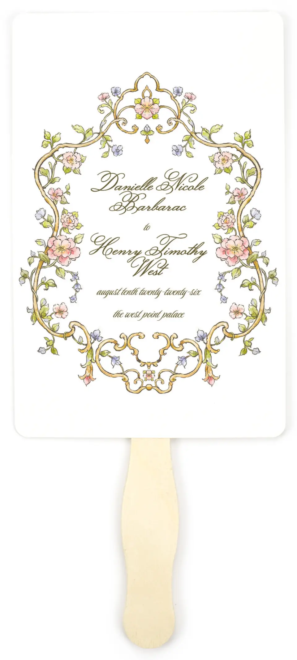 This is a 5" x 7⅞" Wedding Program Fan called Ever After printed in full color on Premium Smooth paper