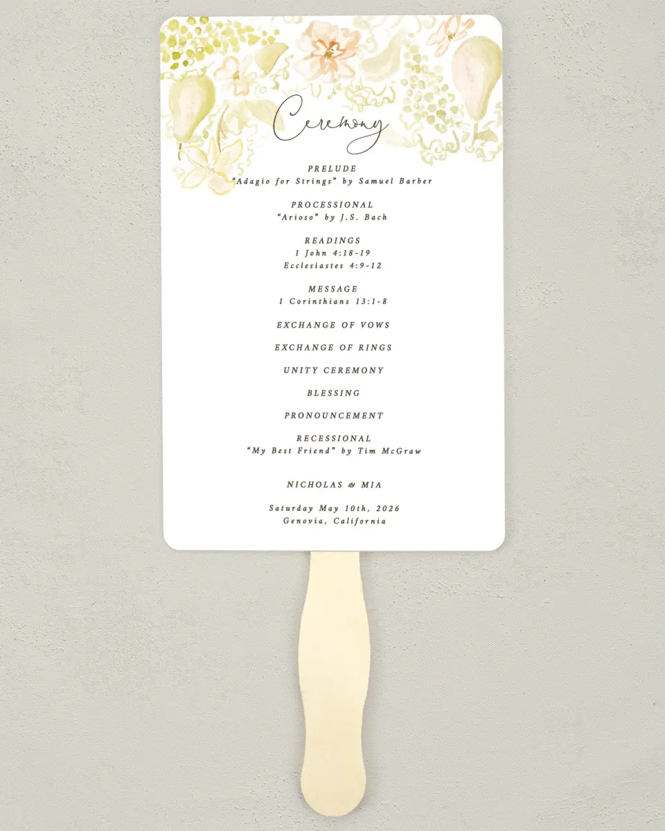 This is a 5" x 7⅞" Wedding Program Fan called Royal Glory printed in full color on Premium Smooth paper