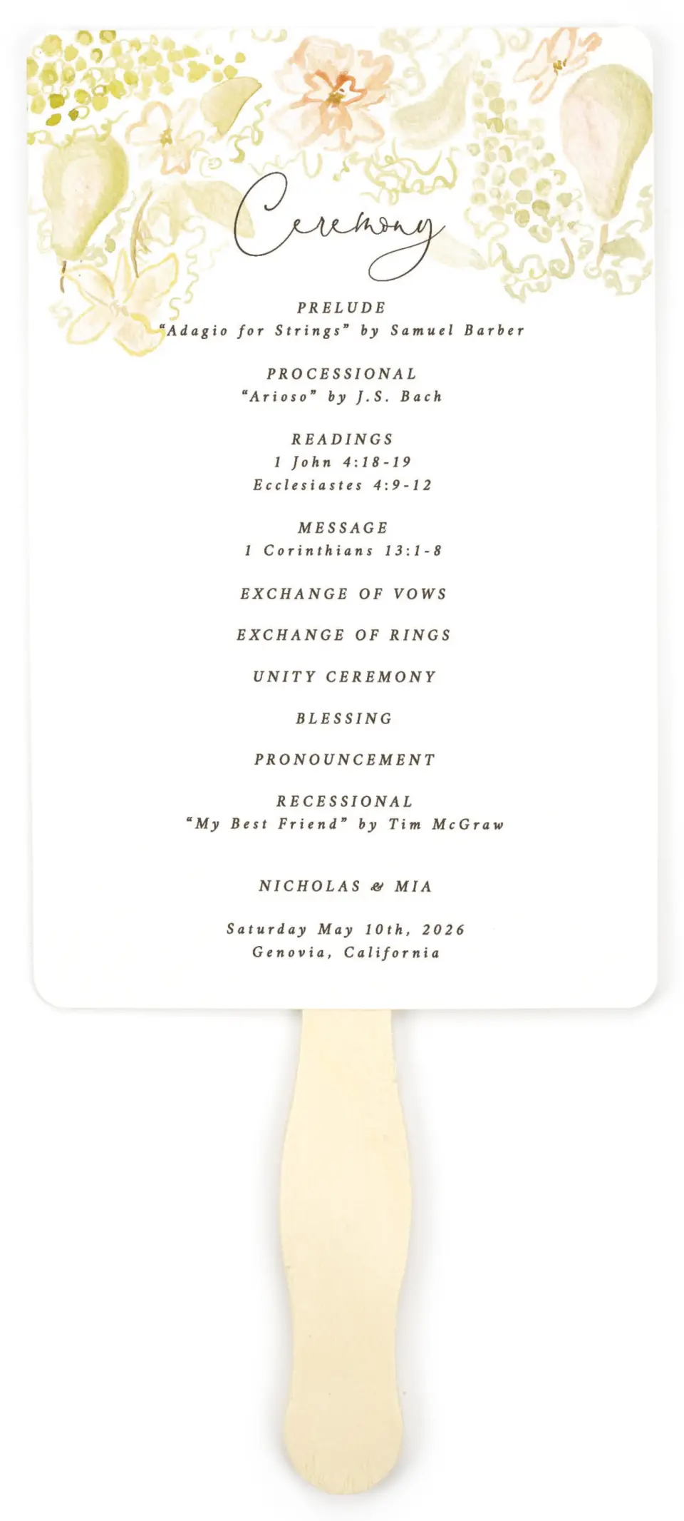 This is a 5" x 7⅞" Wedding Program Fan called Royal Glory printed in full color on Premium Smooth paper