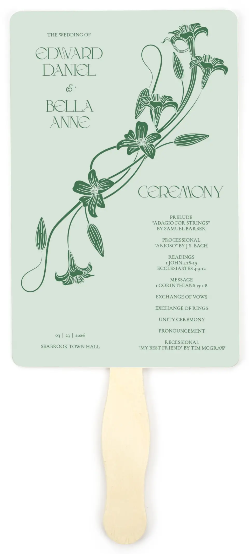 This is a 5" x 7⅞" Wedding Program Fan called Water Lily printed in full color on Premium Smooth paper