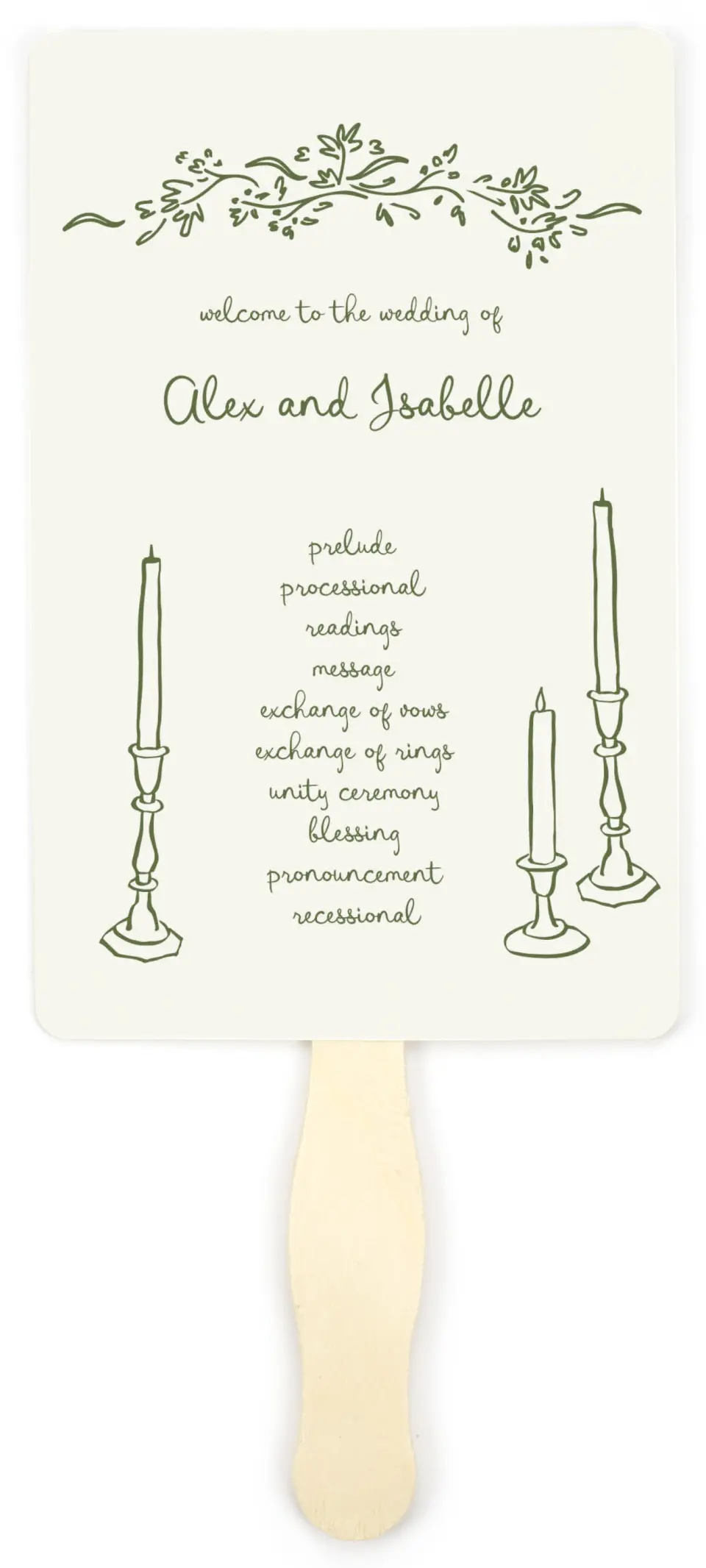 This is a 5" x 7⅞" Wedding Program Fan called Sweet Woodland printed in full color on Premium Smooth paper