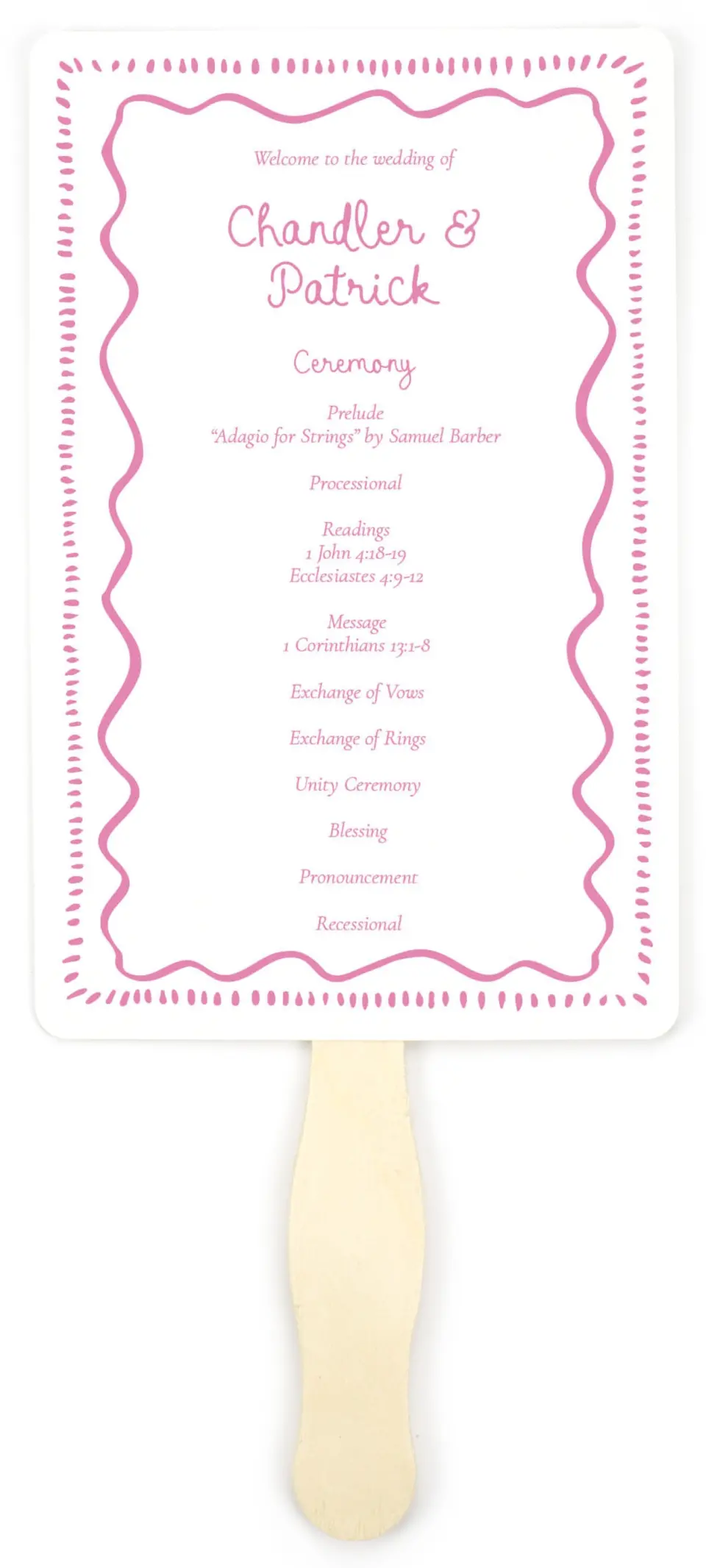 This is a 5" x 7⅞" Wedding Program Fan called Swan Love printed in full color on Premium Smooth paper