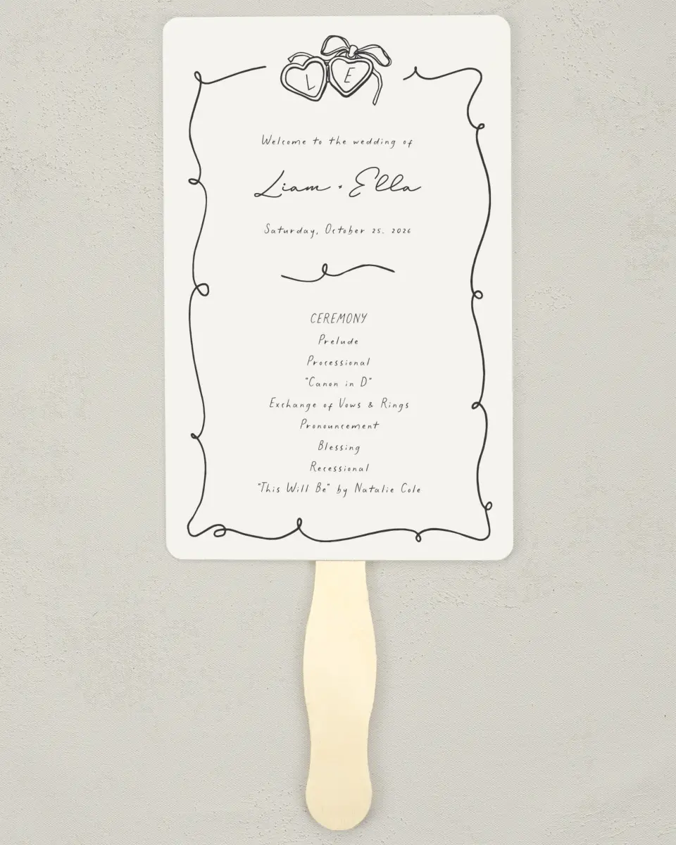 This is a 5" x 7⅞" Wedding Program Fan called Locket of Love printed in full color with Gold foil on Luxe Satin (coated) paper