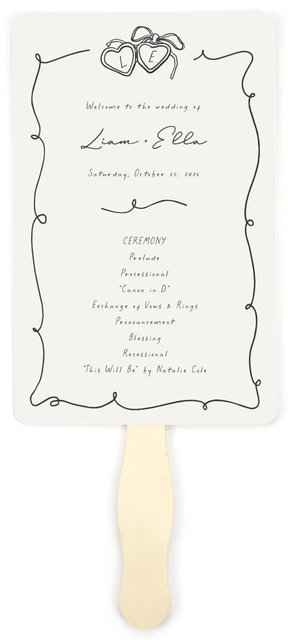 This is a 5" x 7⅞" Wedding Program Fan called Locket of Love printed in full color on Premium Smooth paper