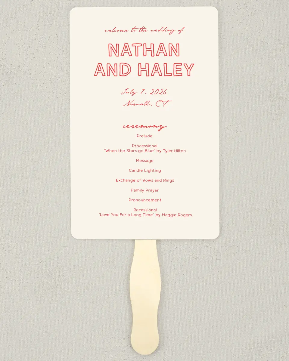 This is a 5" x 7⅞" Wedding Program Fan called Bold & Bright printed in full color on Premium Smooth paper
