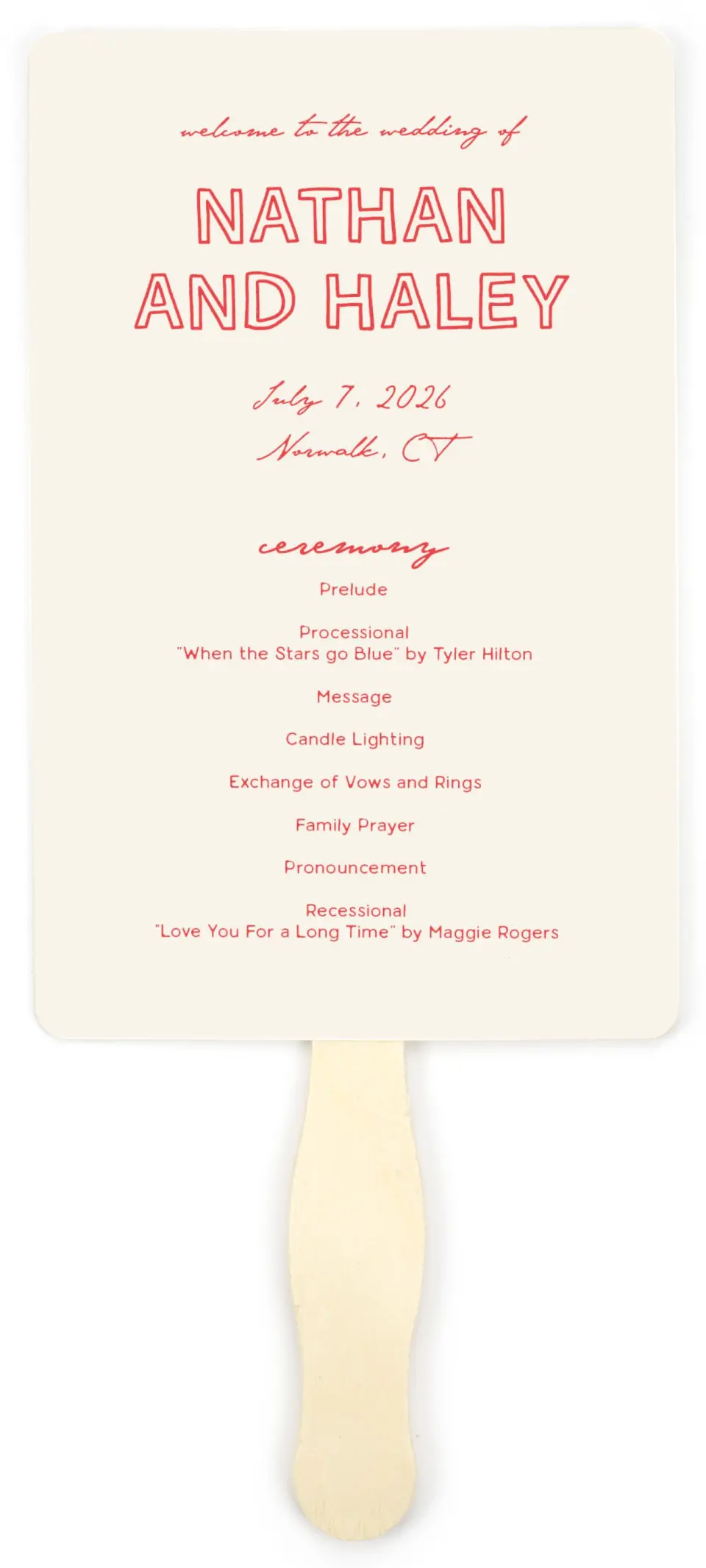 This is a 5" x 7⅞" Wedding Program Fan called Bold & Bright printed in full color on Premium Smooth paper