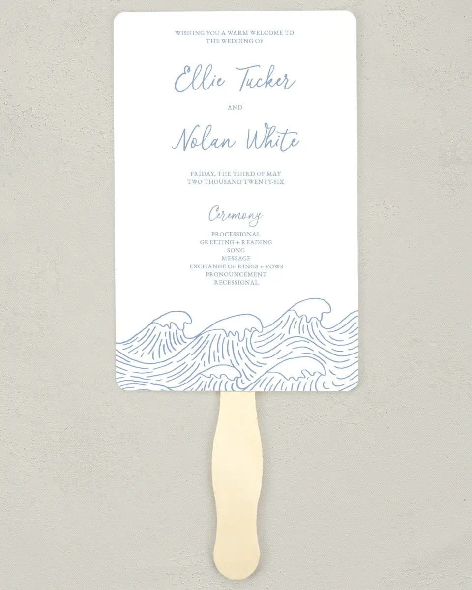 This is a 5" x 7⅞" Wedding Program Fan called Wave of Love printed in full color on Premium Smooth paper