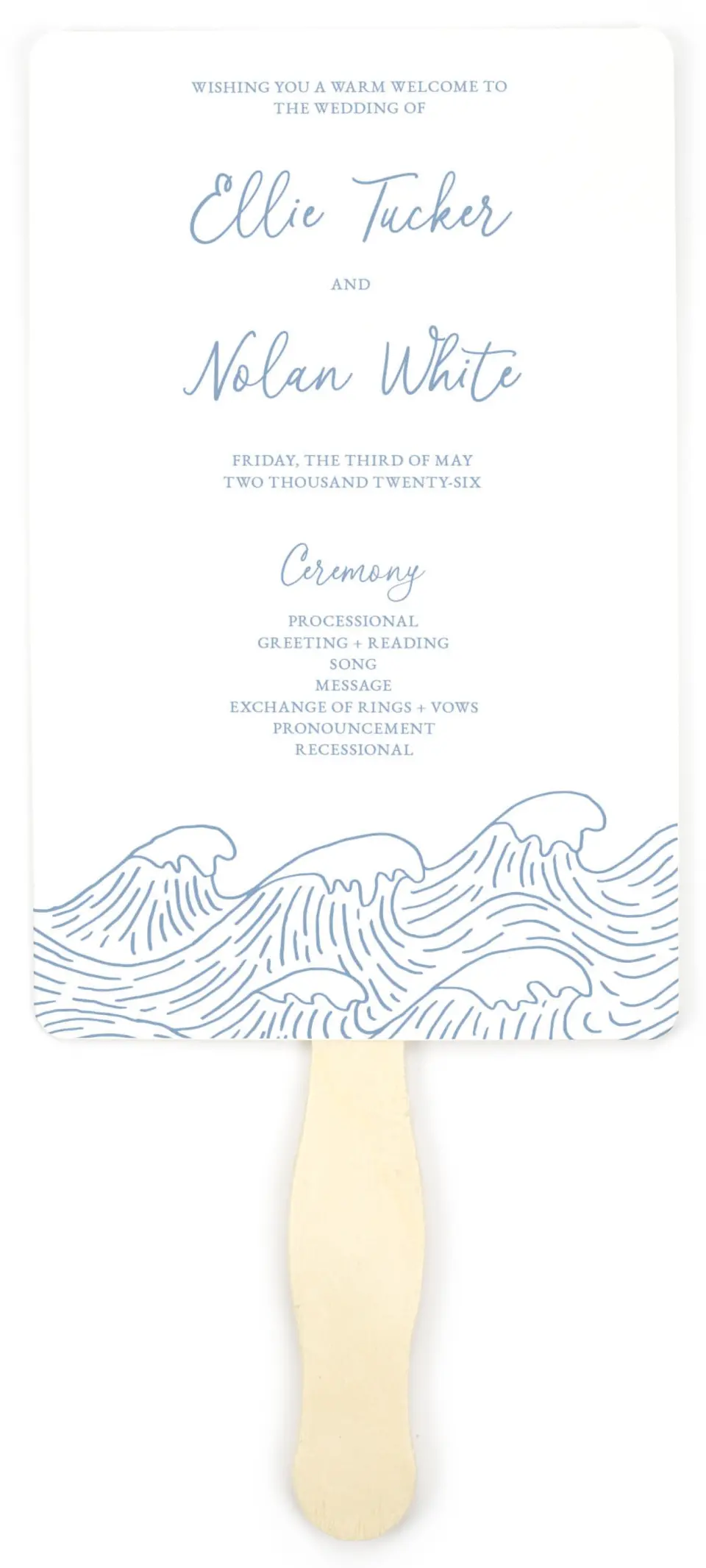 This is a 5" x 7⅞" Wedding Program Fan called Wave of Love printed in full color on Premium Smooth paper