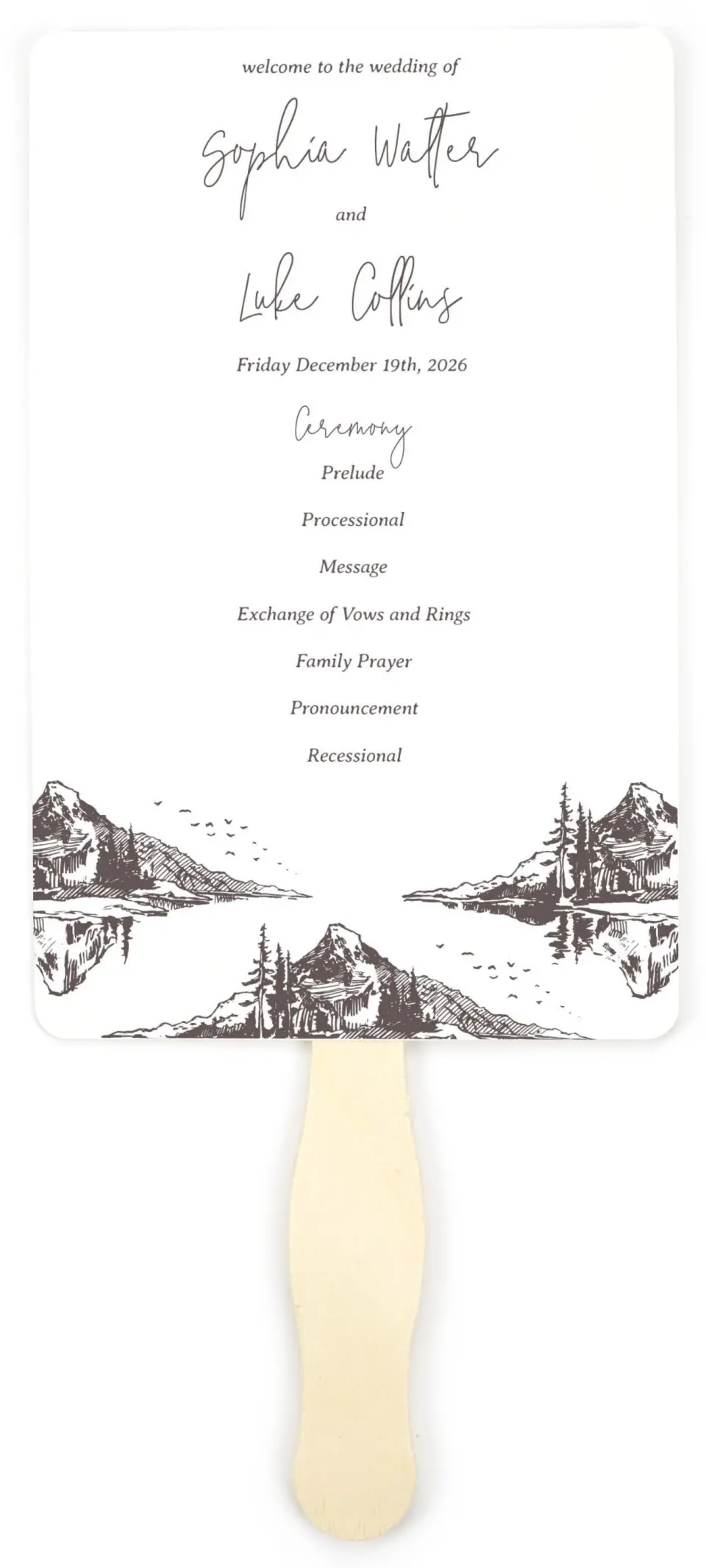 This is a 5" x 7⅞" Wedding Program Fan called Mountain Bliss printed in full color on Premium Smooth paper