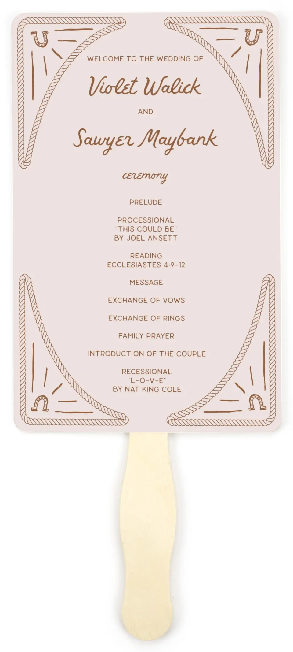 This is a 5" x 7⅞" Wedding Program Fan called Western Whimsy printed in full color on Premium Smooth paper
