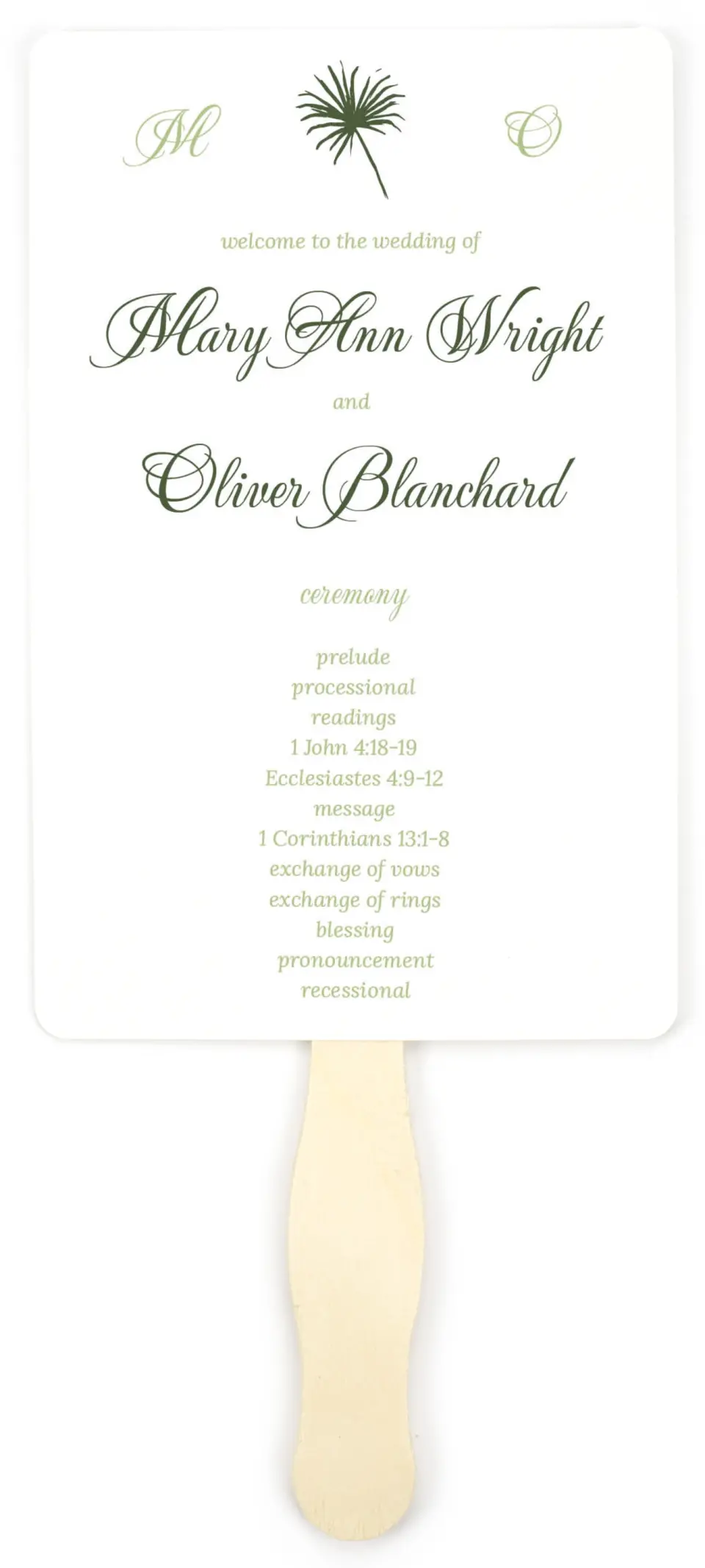 This is a 5" x 7⅞" Wedding Program Fan called Palm Paradise printed in full color on Premium Smooth paper