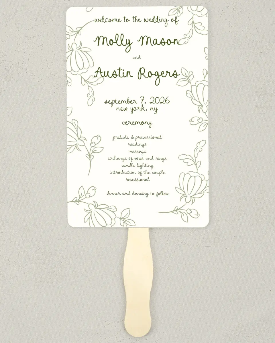 This is a 5" x 7⅞" Wedding Program Fan called Evergreen Elegance printed in full color on Premium Smooth paper