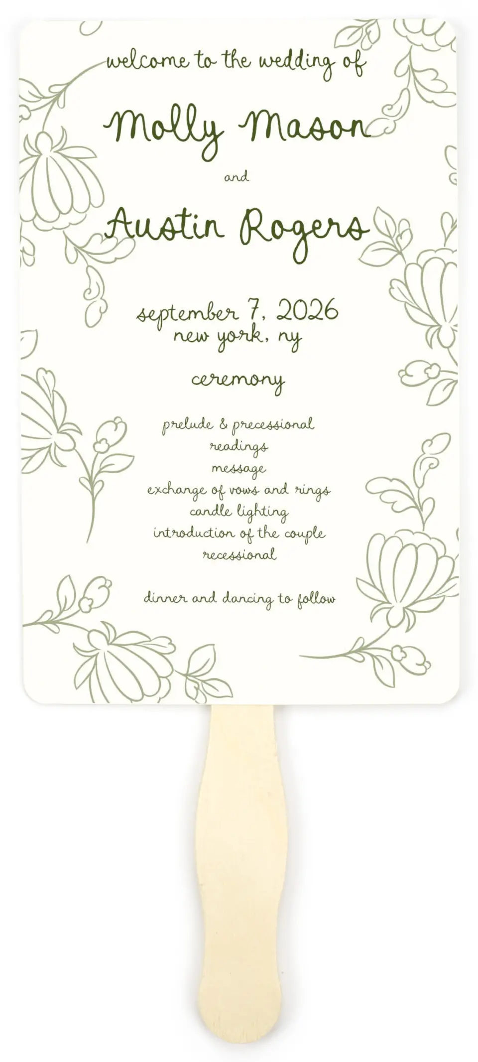 This is a 5" x 7⅞" Wedding Program Fan called Evergreen Elegance printed in full color on Premium Smooth paper