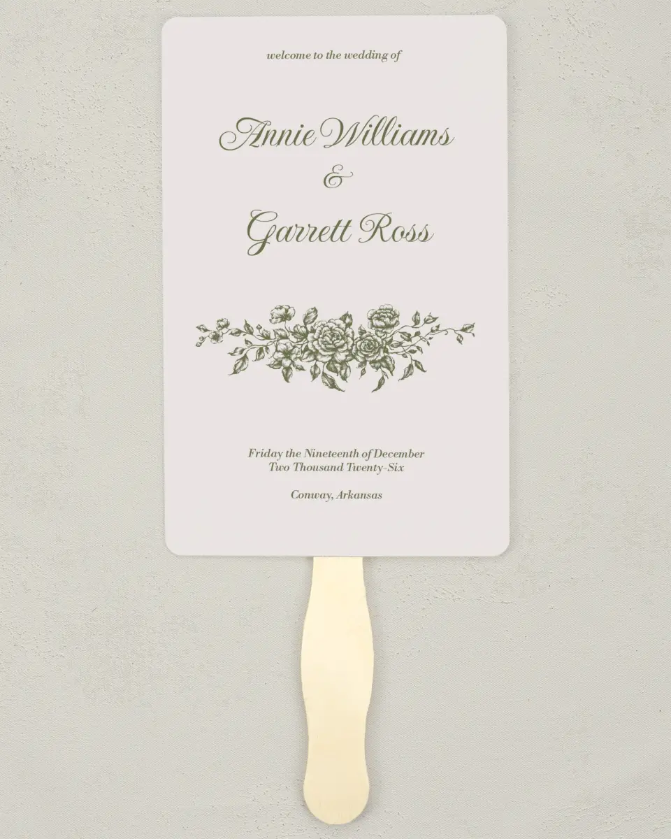 This is a 5" x 7⅞" Wedding Program Fan called Meadow of Merriment printed in full color on Premium Smooth paper