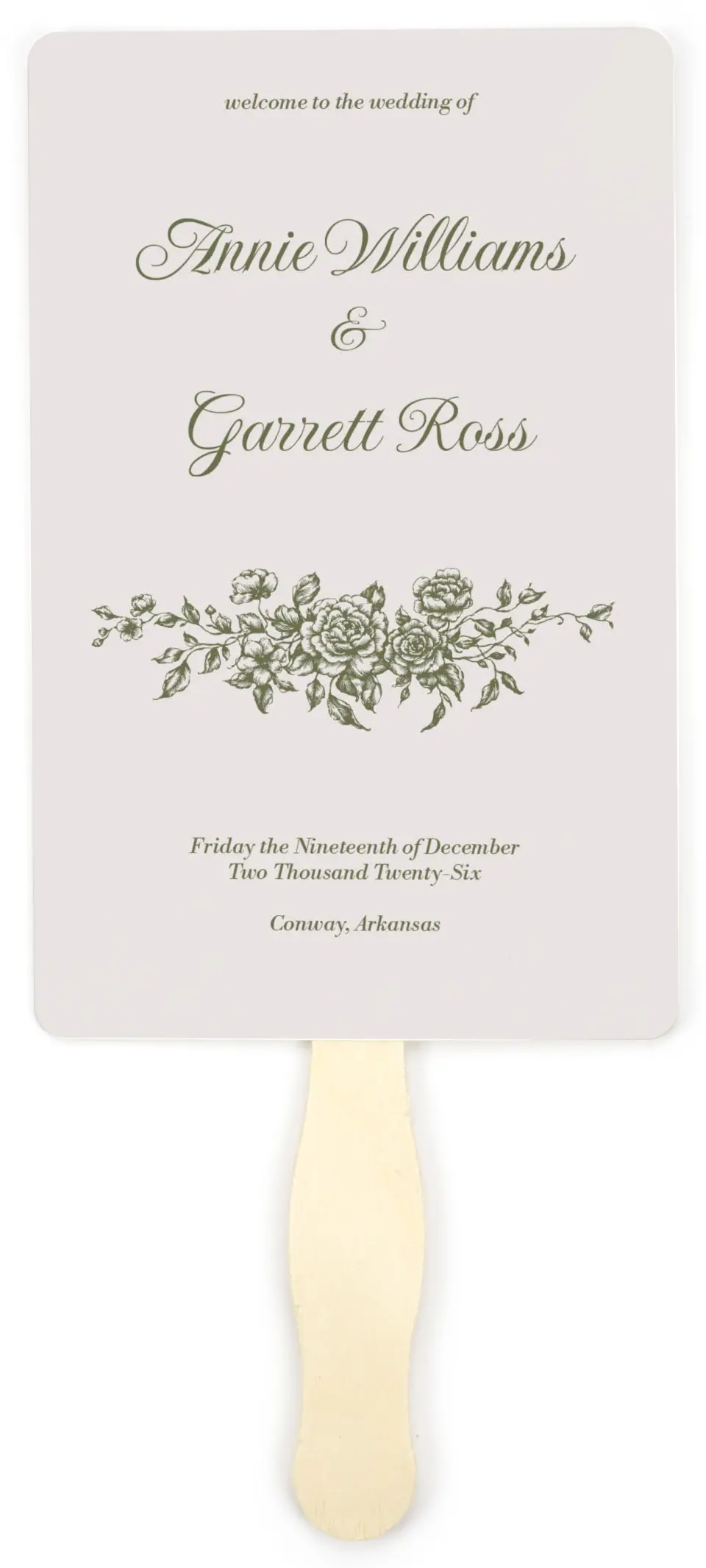 This is a 5" x 7⅞" Wedding Program Fan called Meadow of Merriment printed in full color on Premium Smooth paper