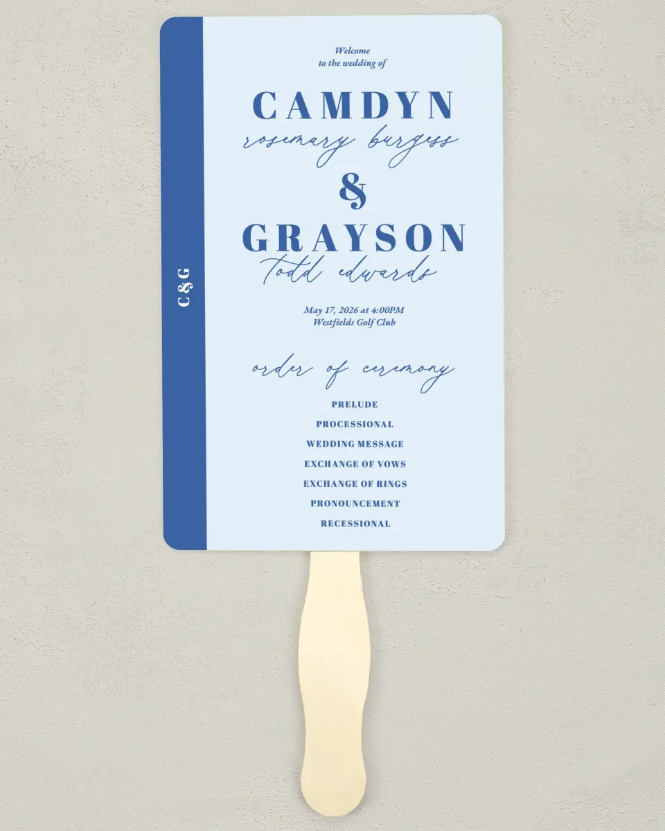 This is a 5" x 7⅞" Wedding Program Fan called Forever and Ever printed in full color with Gold foil on Luxe Satin (coated) paper