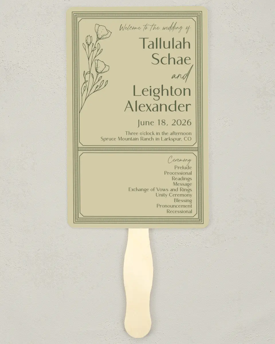 This is a 5" x 7⅞" Wedding Program Fan called Idyllic Love printed in full color with Gold foil on Luxe Satin (coated) paper