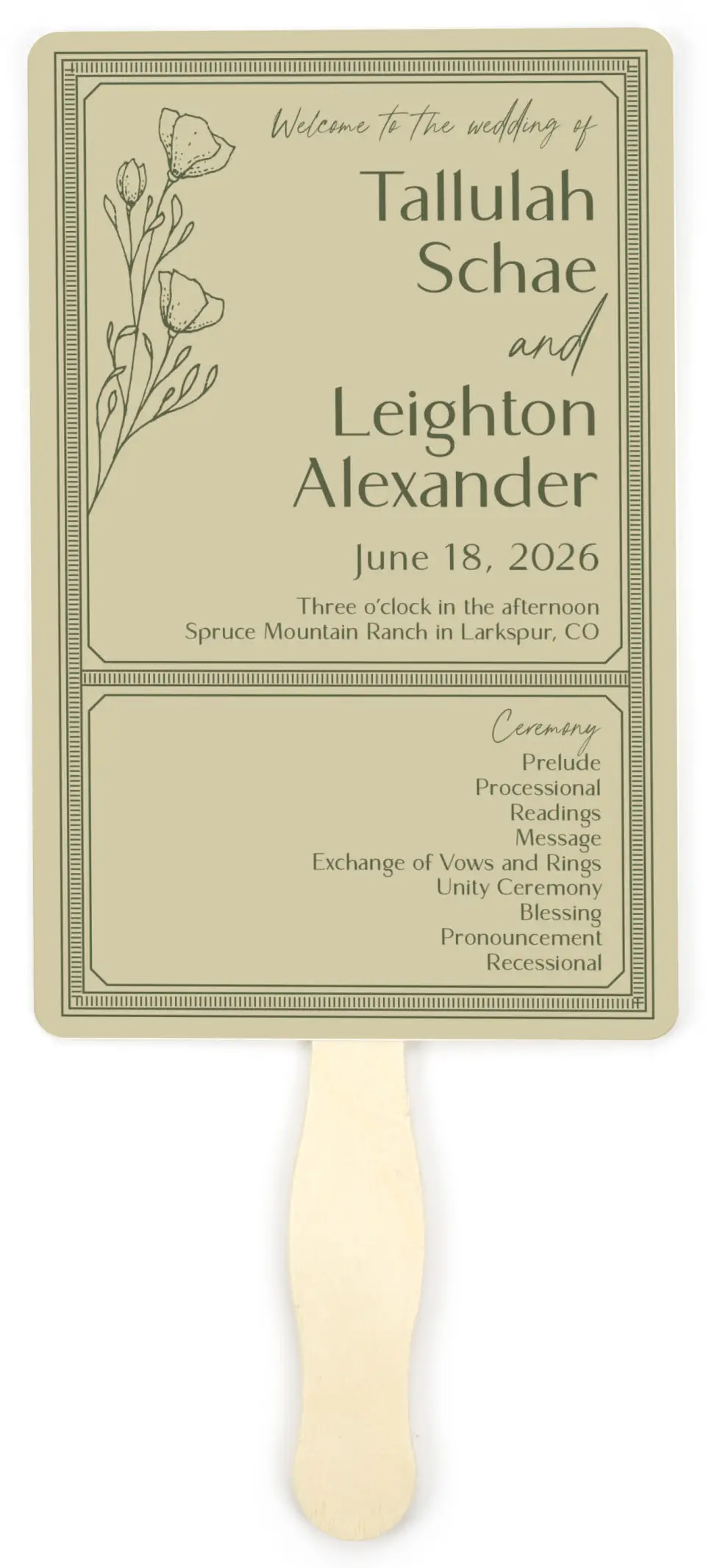 This is a 5" x 7⅞" Wedding Program Fan called Idyllic Love printed in full color on Premium Smooth paper