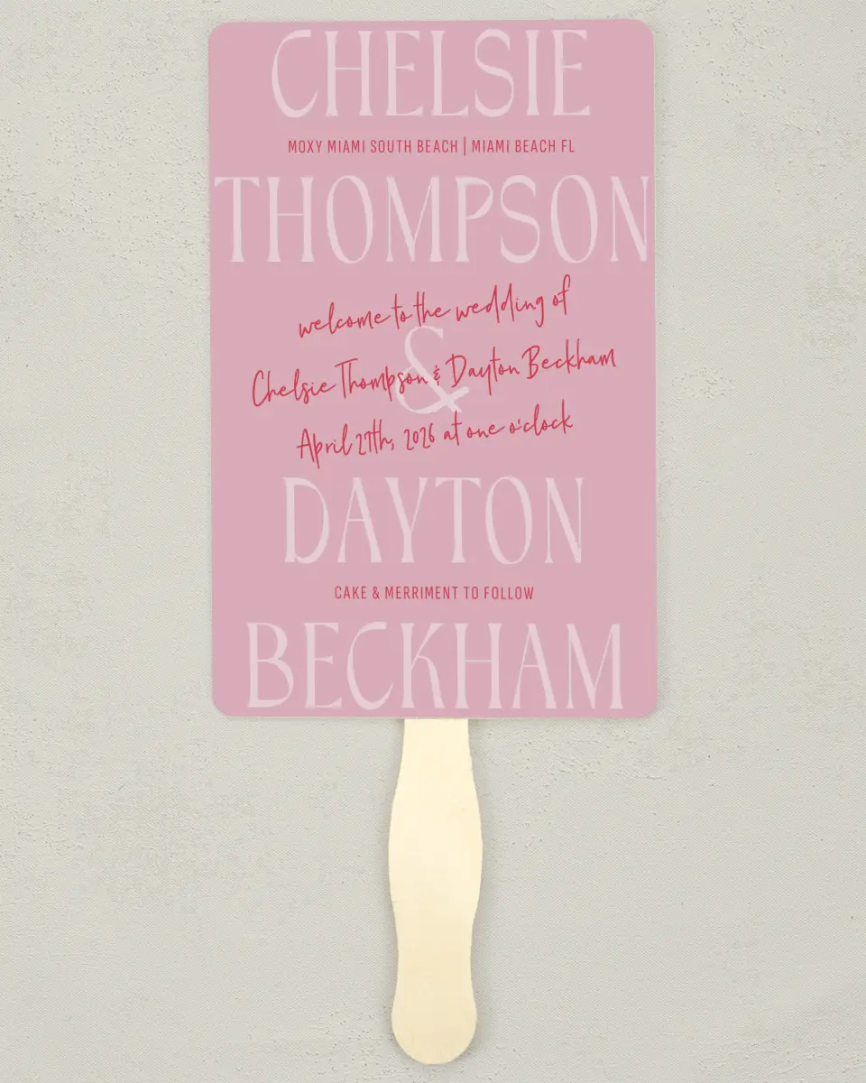 This is a 5" x 7⅞" Wedding Program Fan called Lovey-Dovey printed in full color on Premium Smooth paper