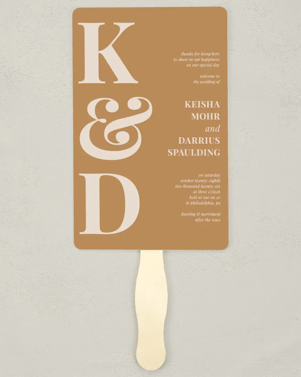 This is a 5" x 7⅞" Wedding Program Fan called Bold Romance printed in full color with Rose Gold foil on Luxe Satin (coated) paper