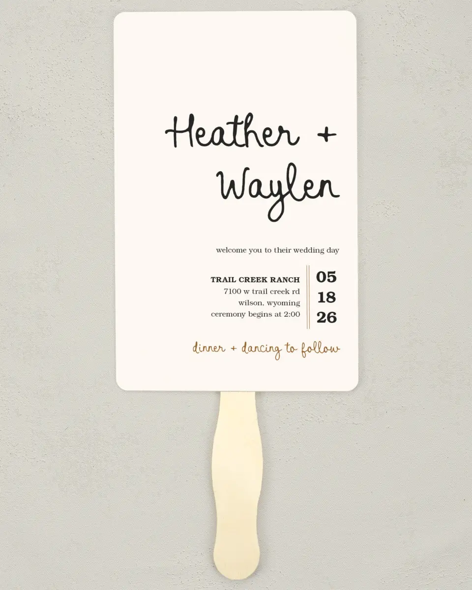 This is a 5" x 7⅞" Wedding Program Fan called Head Over Boots printed in full color on Premium Smooth paper