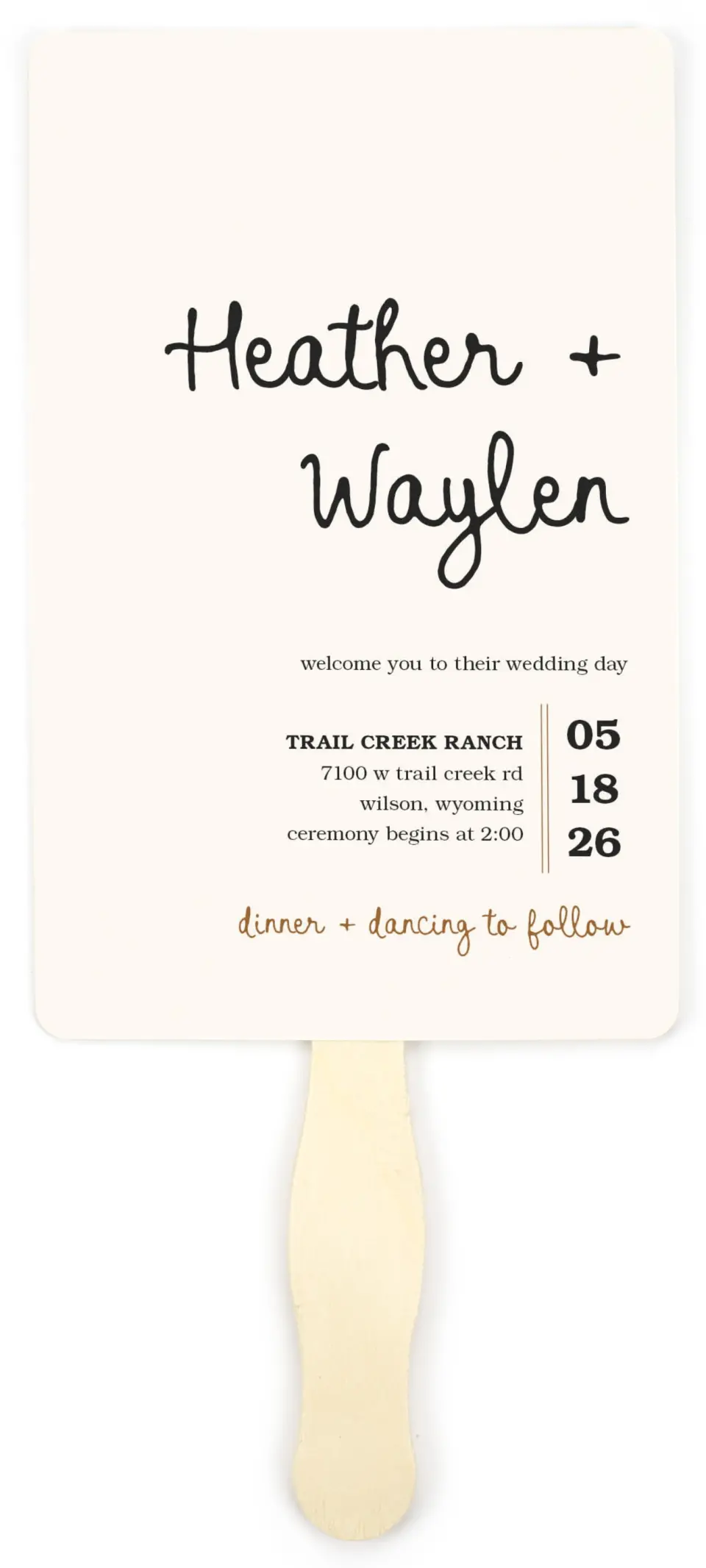 This is a 5" x 7⅞" Wedding Program Fan called Head Over Boots printed in full color on Premium Smooth paper