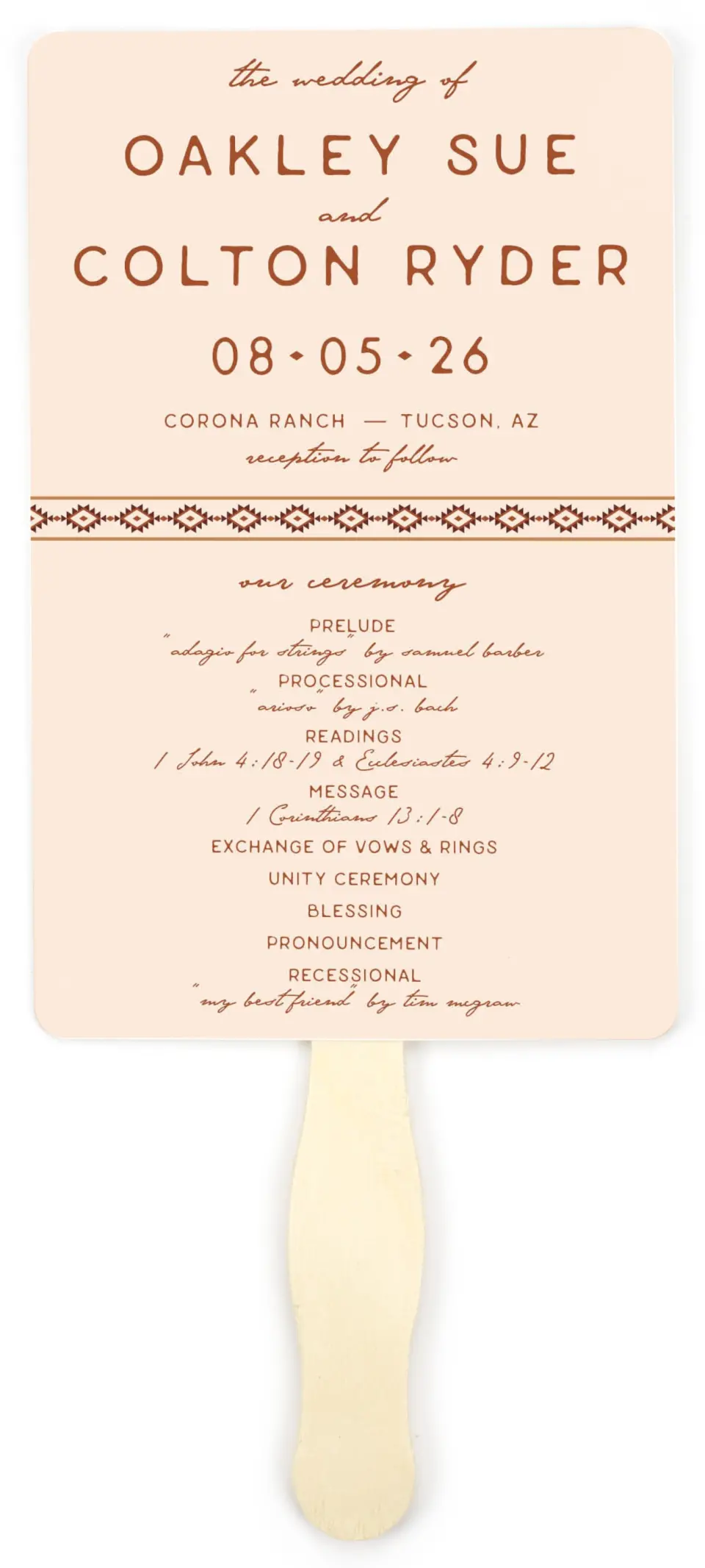 This is a 5" x 7⅞" Wedding Program Fan called Wild at Heart printed in full color on Premium Smooth paper