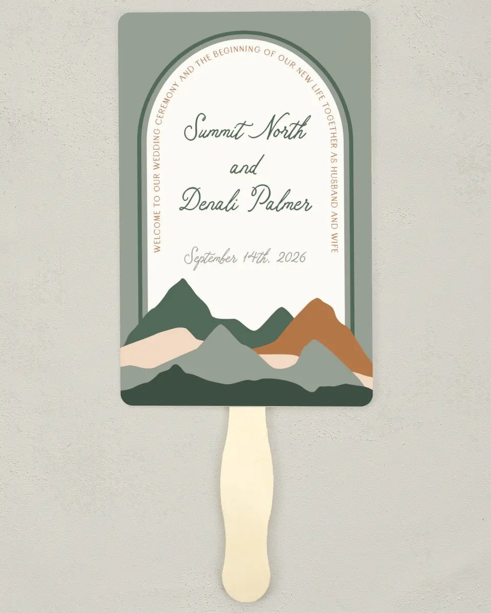 This is a 5" x 7⅞" Wedding Program Fan called Elevated Adventures printed in full color on Premium Smooth paper