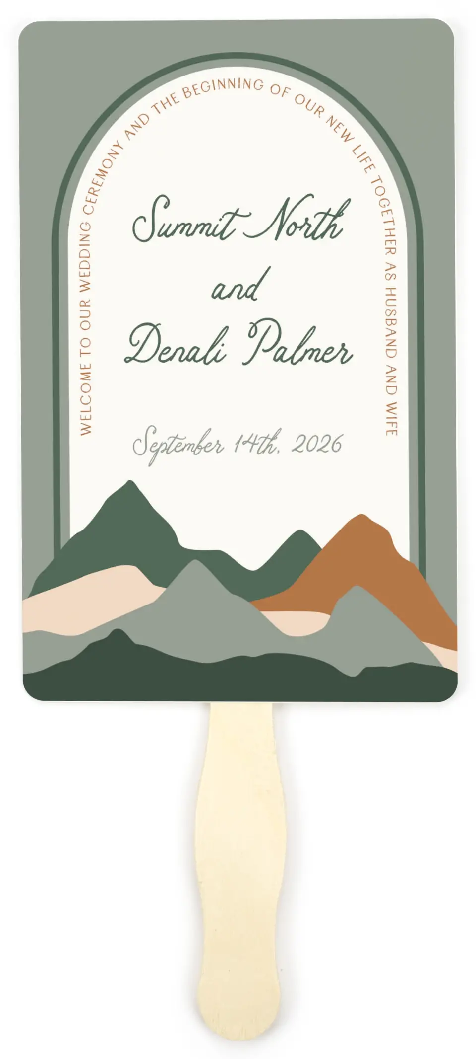 This is a 5" x 7⅞" Wedding Program Fan called Elevated Adventures printed in full color on Premium Smooth paper