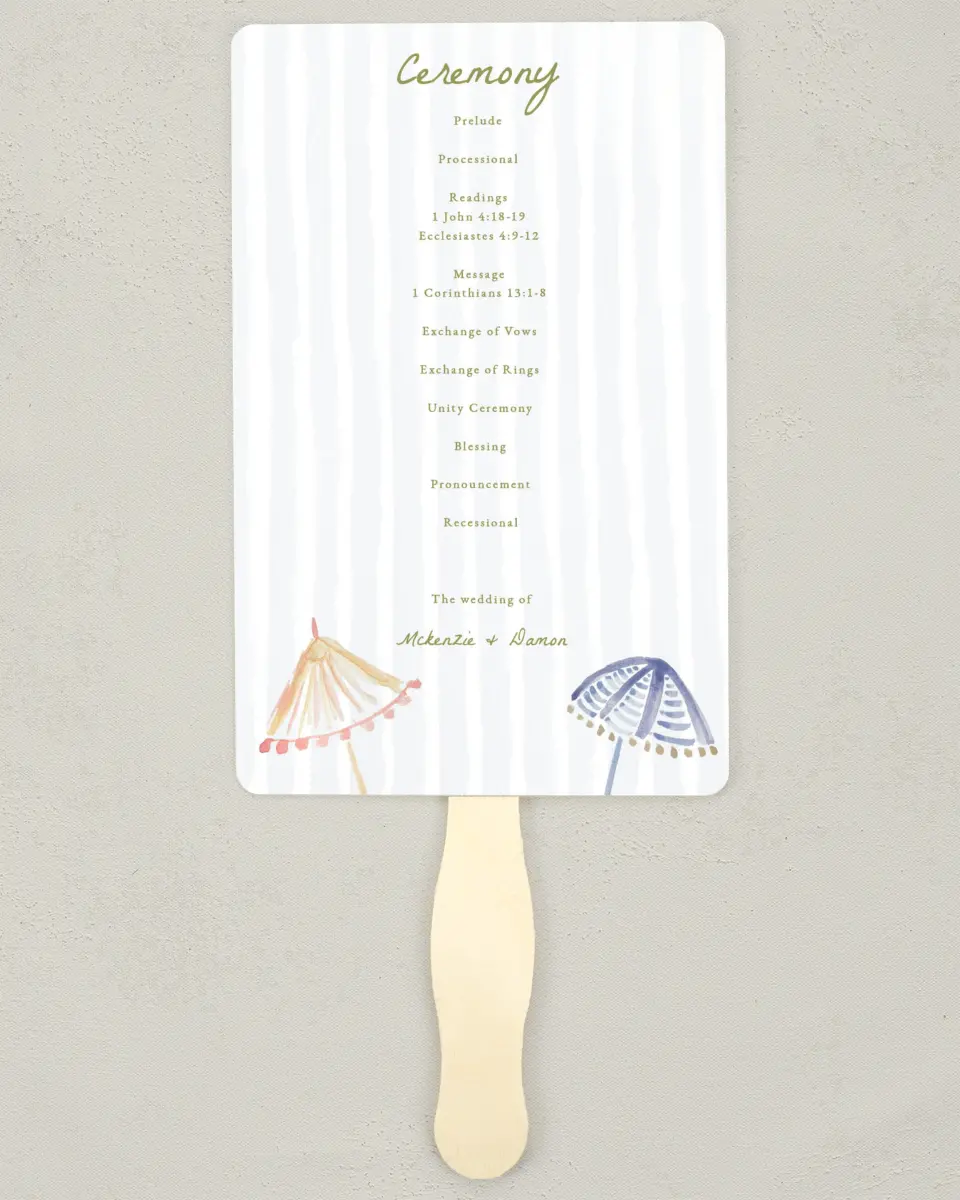 This is a 5" x 7⅞" Wedding Program Fan called Positano Daydream printed in full color on Premium Smooth paper