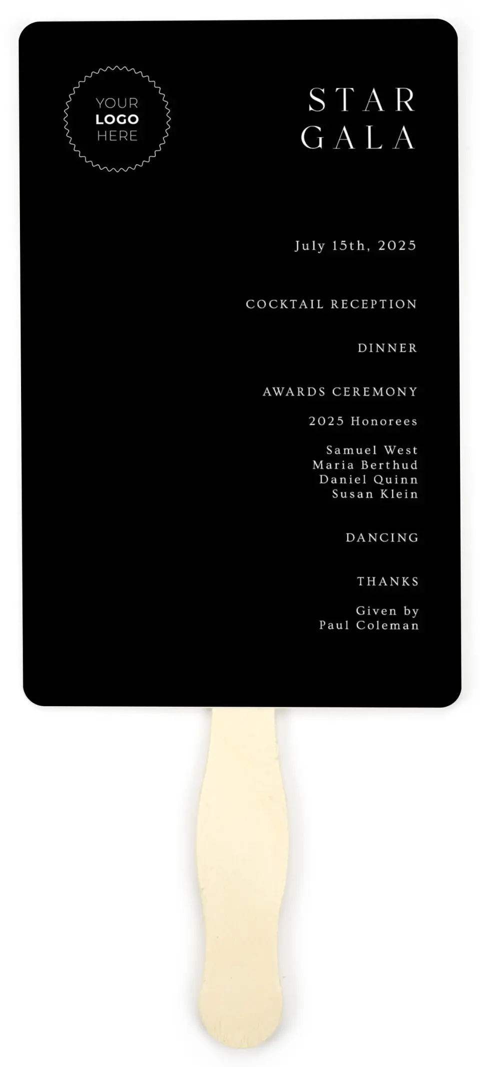 This is a 5" x 7⅞" Wedding Program Fan called Starlight Gala printed in full color on Premium Smooth paper