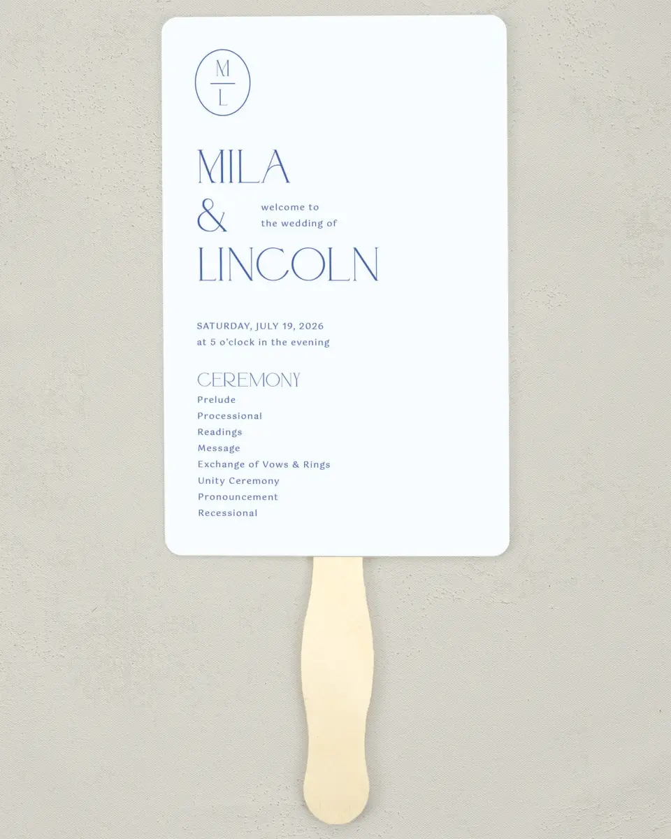 This is a 5" x 7⅞" Wedding Program Fan called The Mila printed in full color on Premium Smooth paper