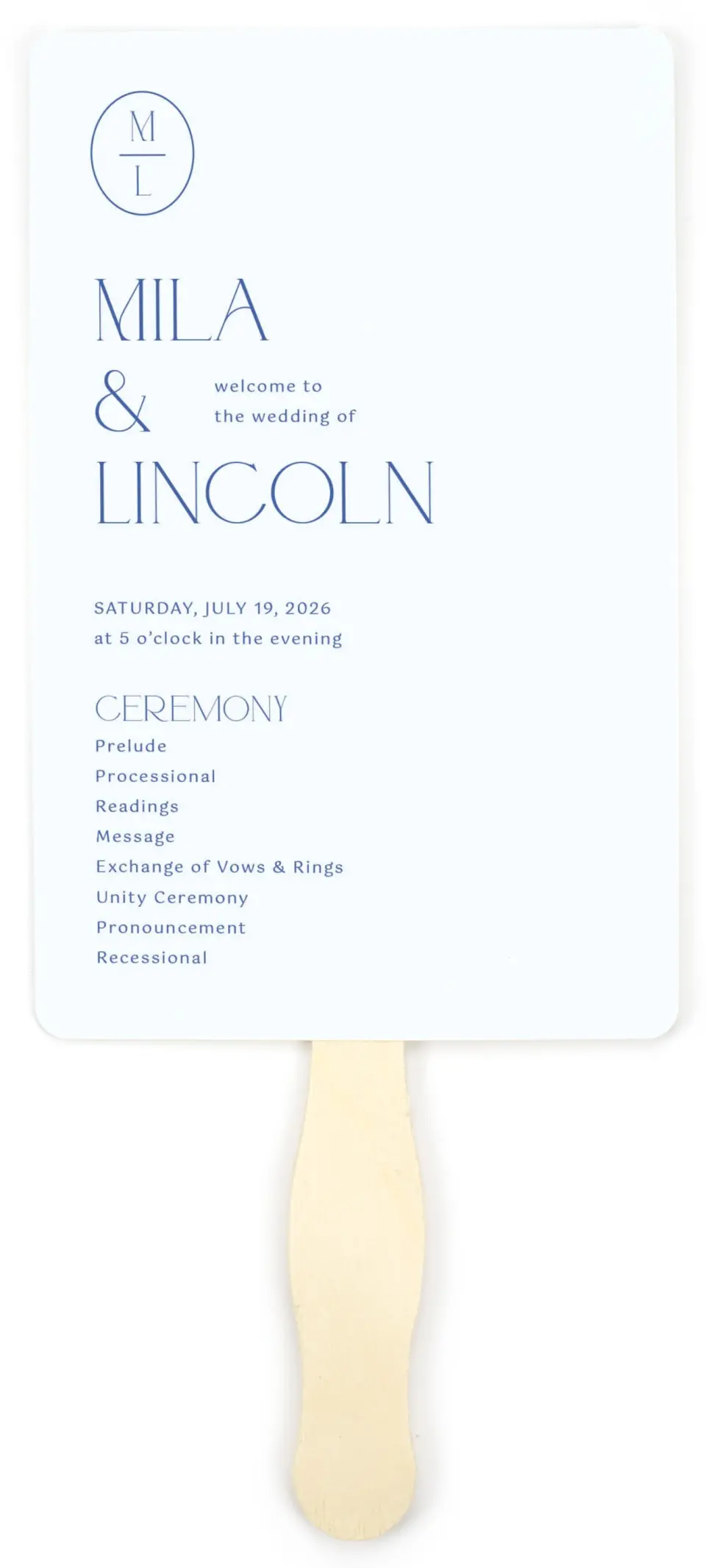 This is a 5" x 7⅞" Wedding Program Fan called The Mila printed in full color on Premium Smooth paper