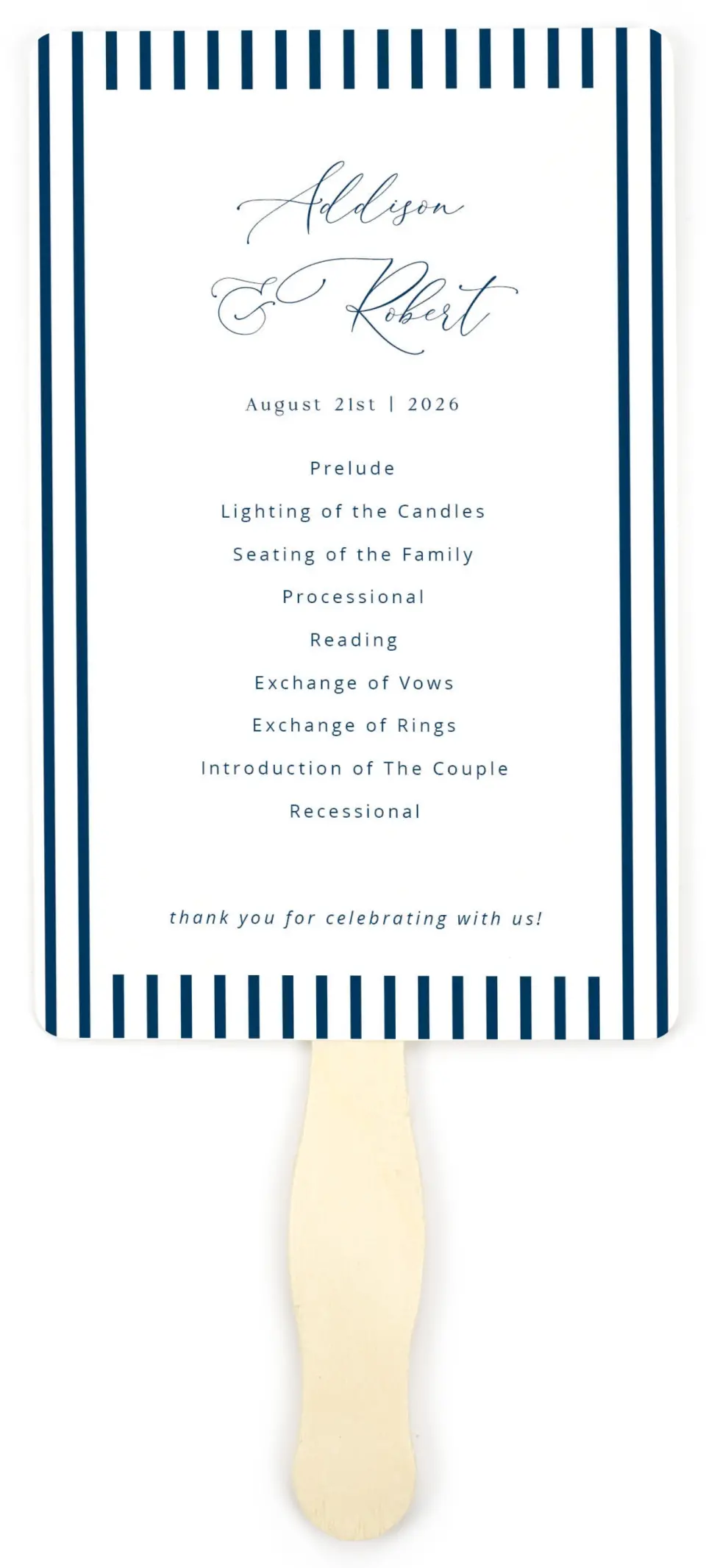 This is a 5" x 7⅞" Wedding Program Fan called The Addison printed in full color on Premium Smooth paper