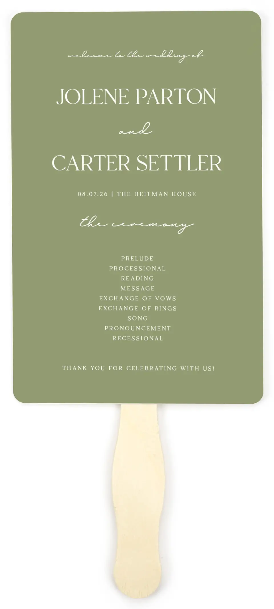 This is a 5" x 7⅞" Wedding Program Fan called The Jolene printed in full color on Premium Smooth paper