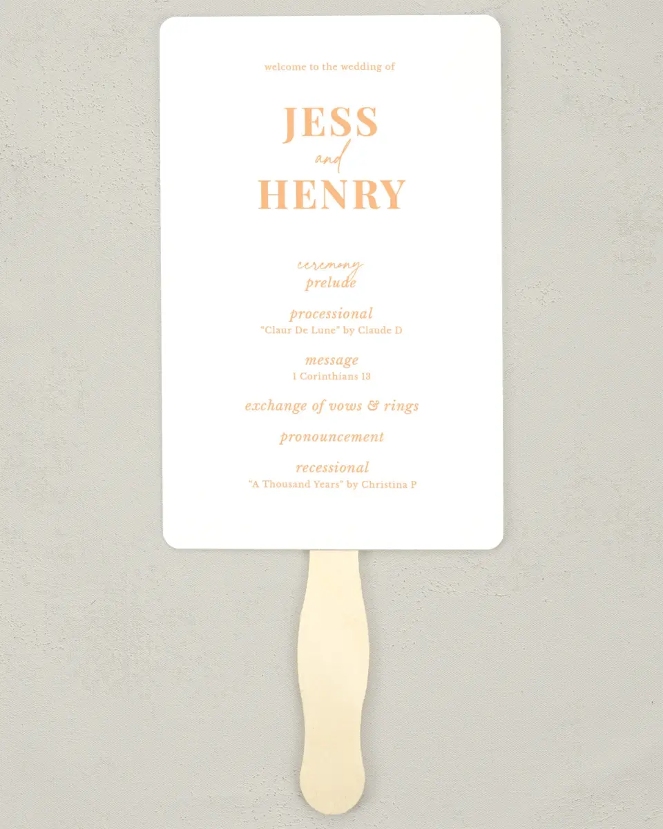 This is a 5" x 7⅞" Wedding Program Fan called The Jess printed in full color on Premium Smooth paper