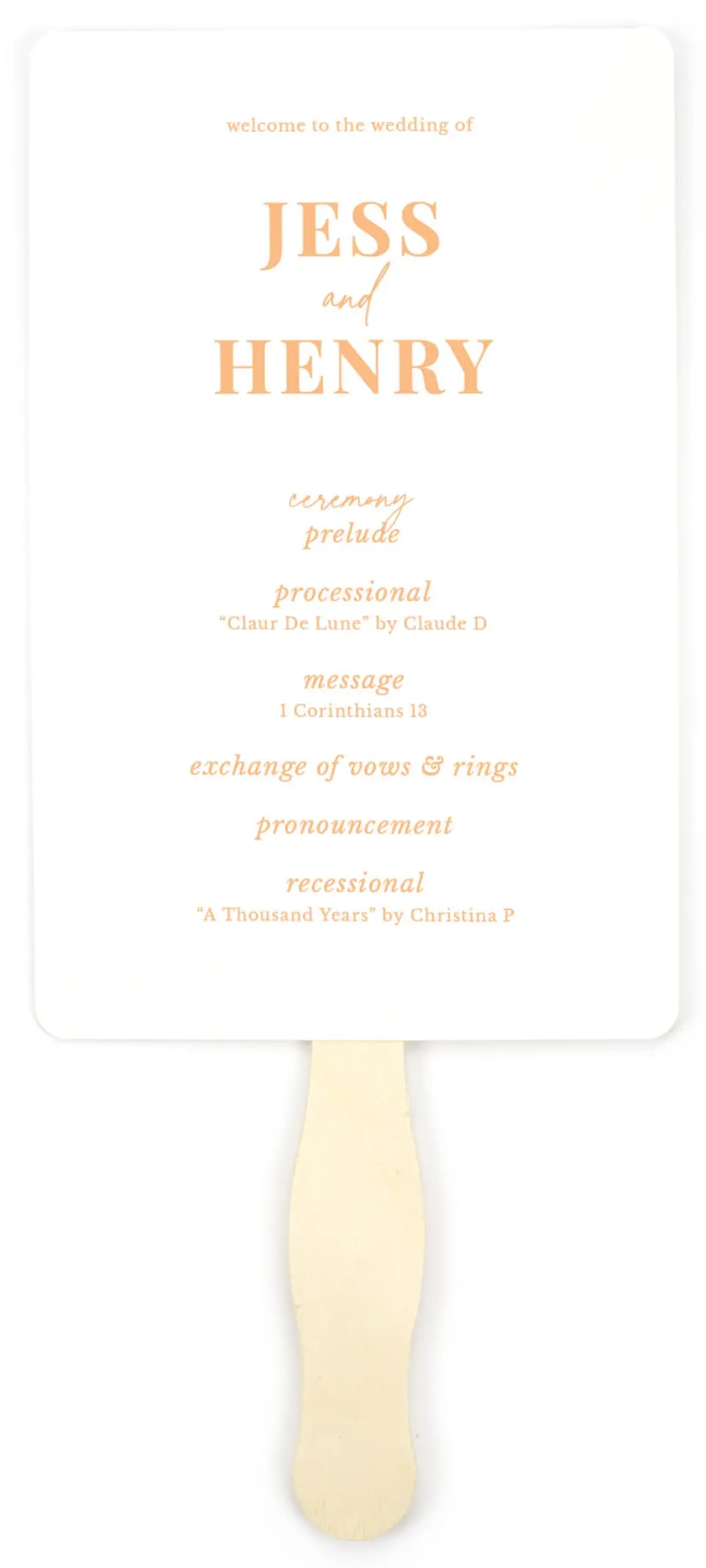This is a 5" x 7⅞" Wedding Program Fan called The Jess printed in full color on Premium Smooth paper