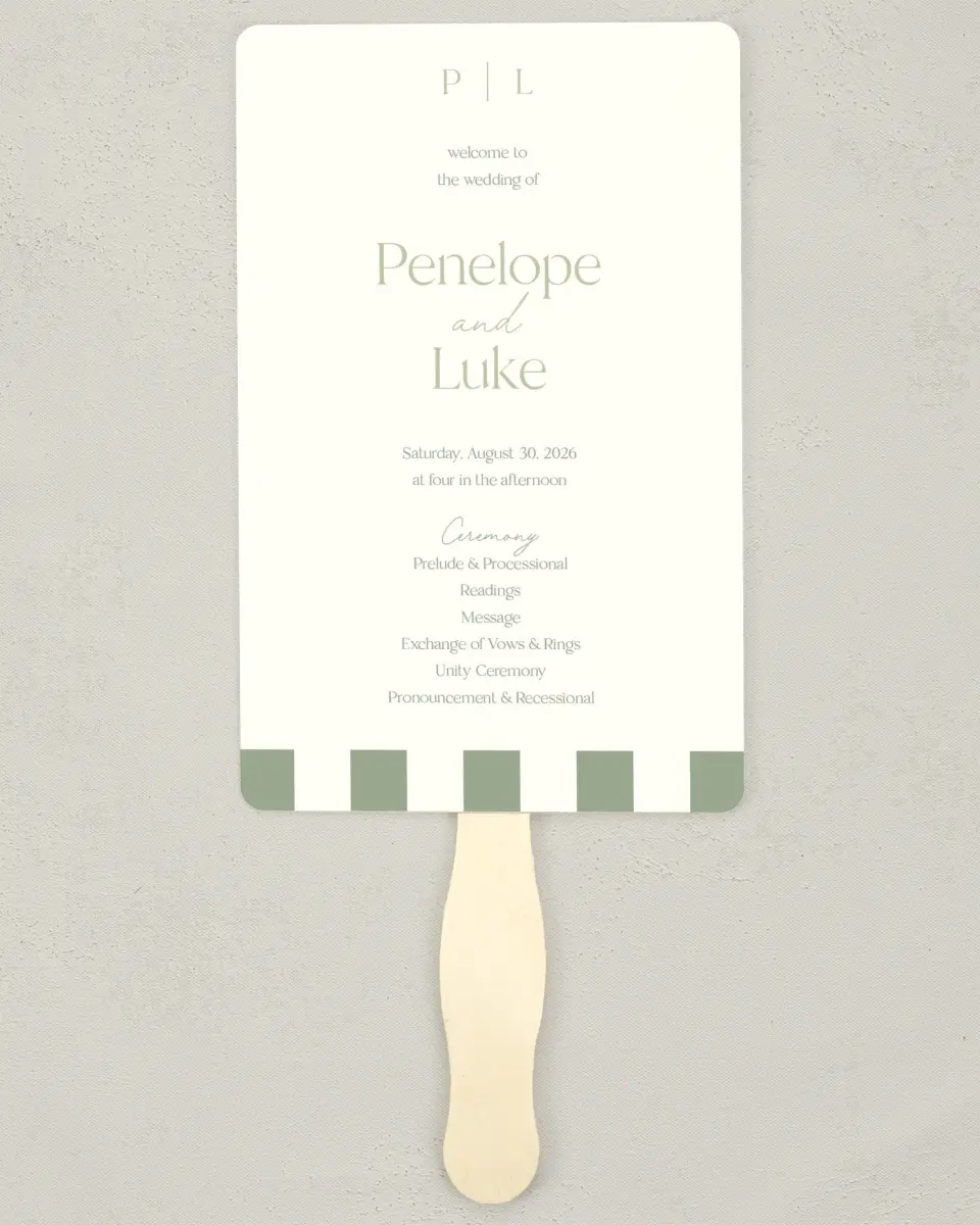 This is a 5" x 7⅞" Wedding Program Fan called The Penelope printed in full color on Premium Smooth paper