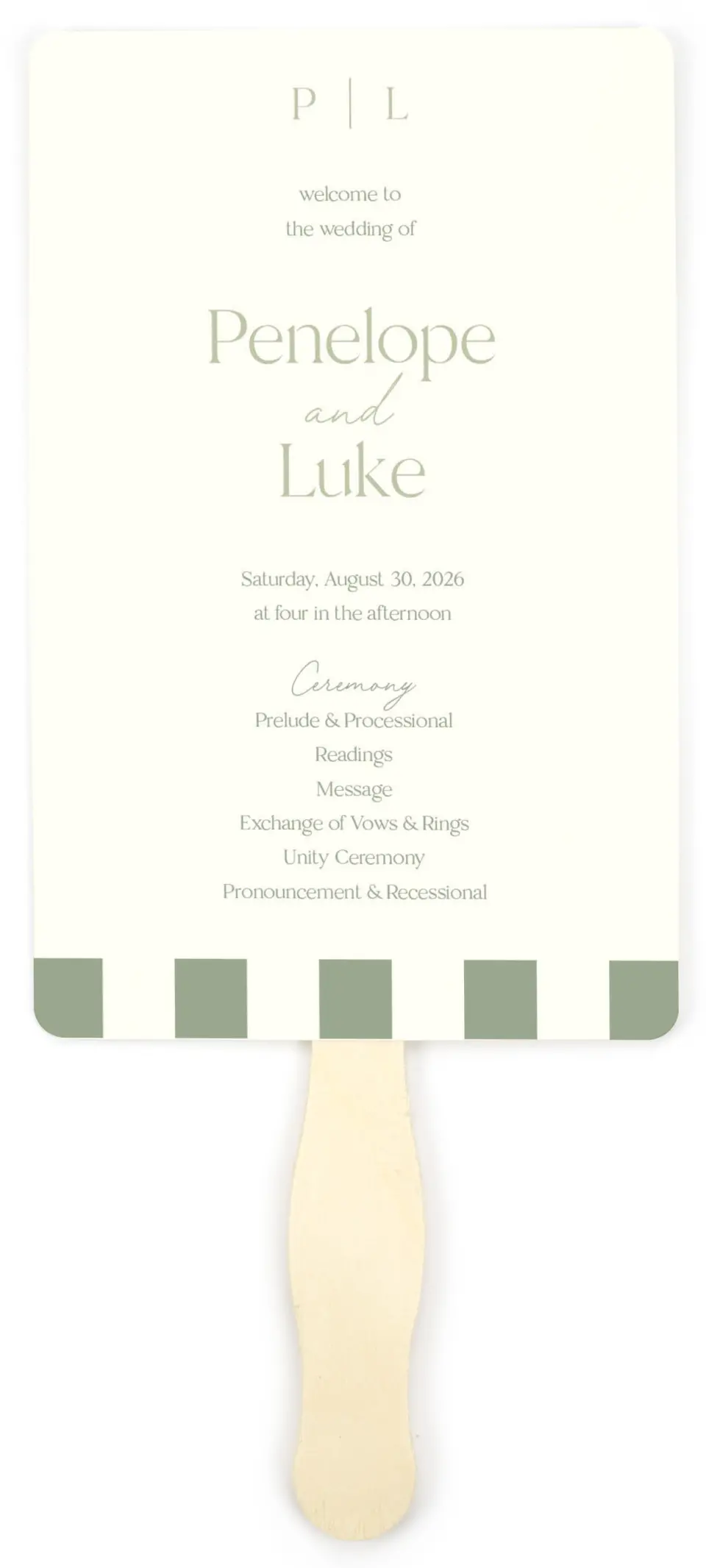 This is a 5" x 7⅞" Wedding Program Fan called The Penelope printed in full color on Premium Smooth paper