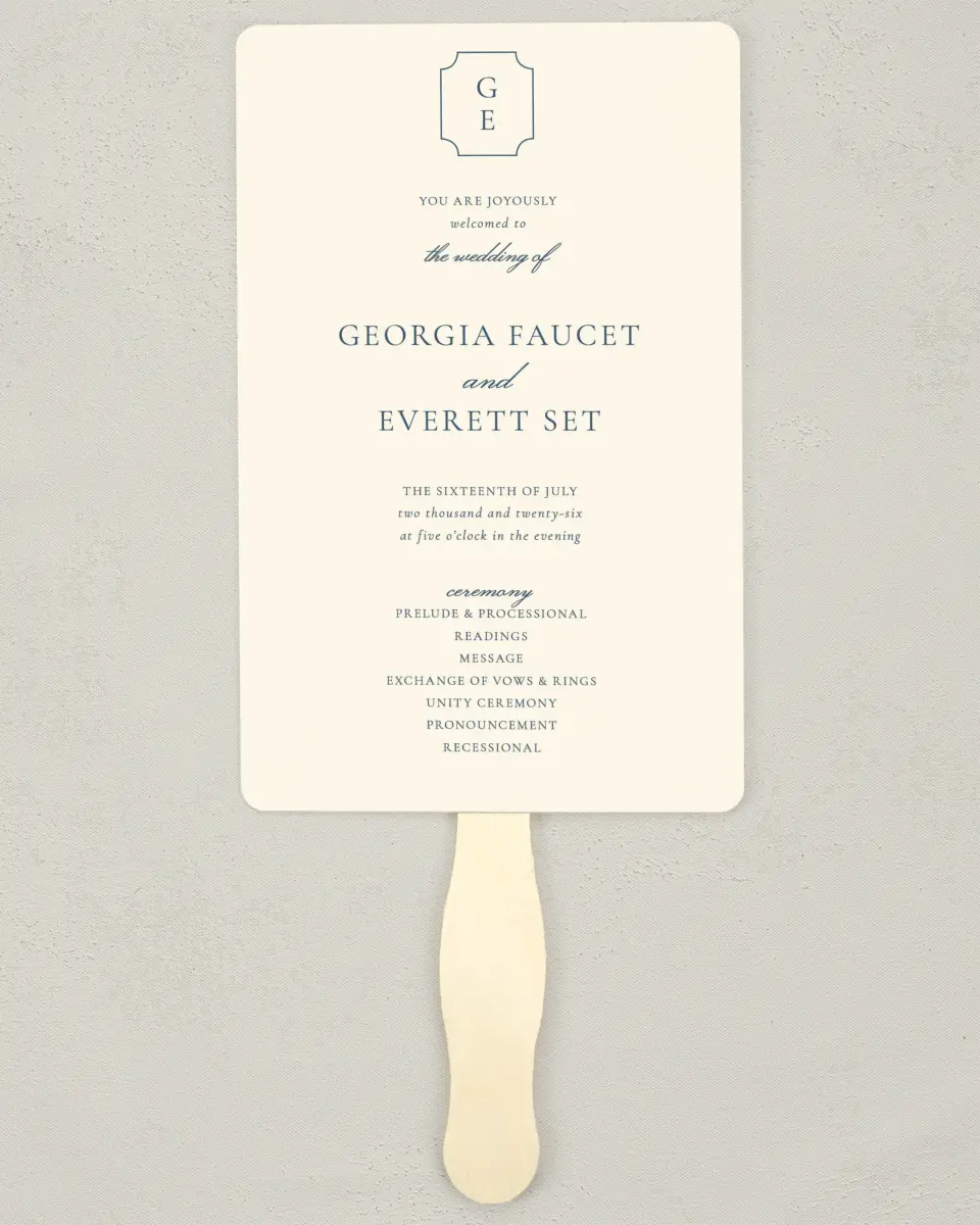 This is a 5" x 7⅞" Wedding Program Fan called The Georgia printed in full color with Silver foil on Luxe Satin (coated) paper