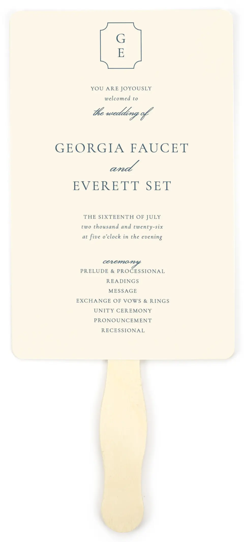 This is a 5" x 7⅞" Wedding Program Fan called The Georgia printed in full color on Premium Smooth paper