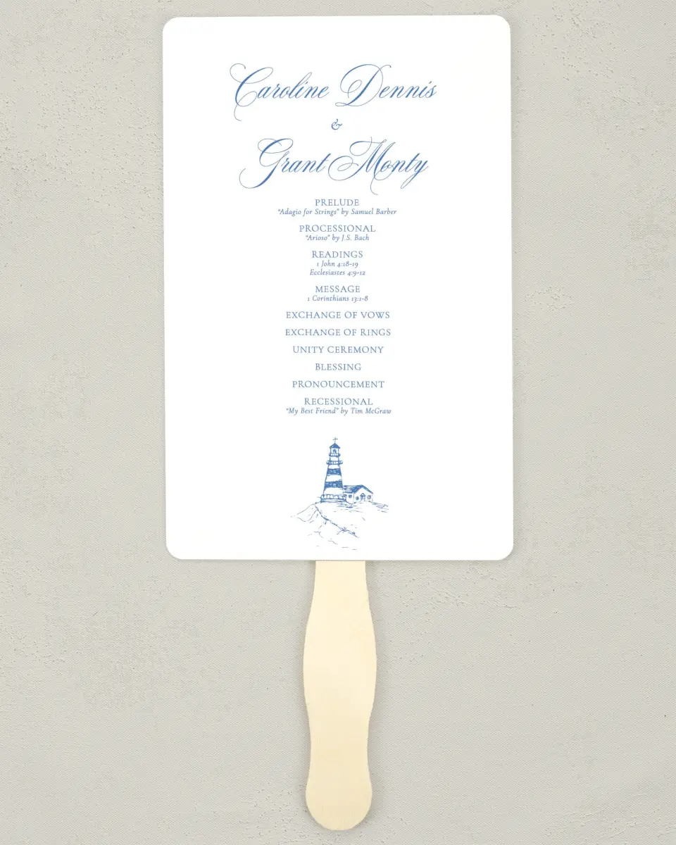 This is a 5" x 7⅞" Wedding Program Fan called Bradley printed in full color on Premium Smooth paper