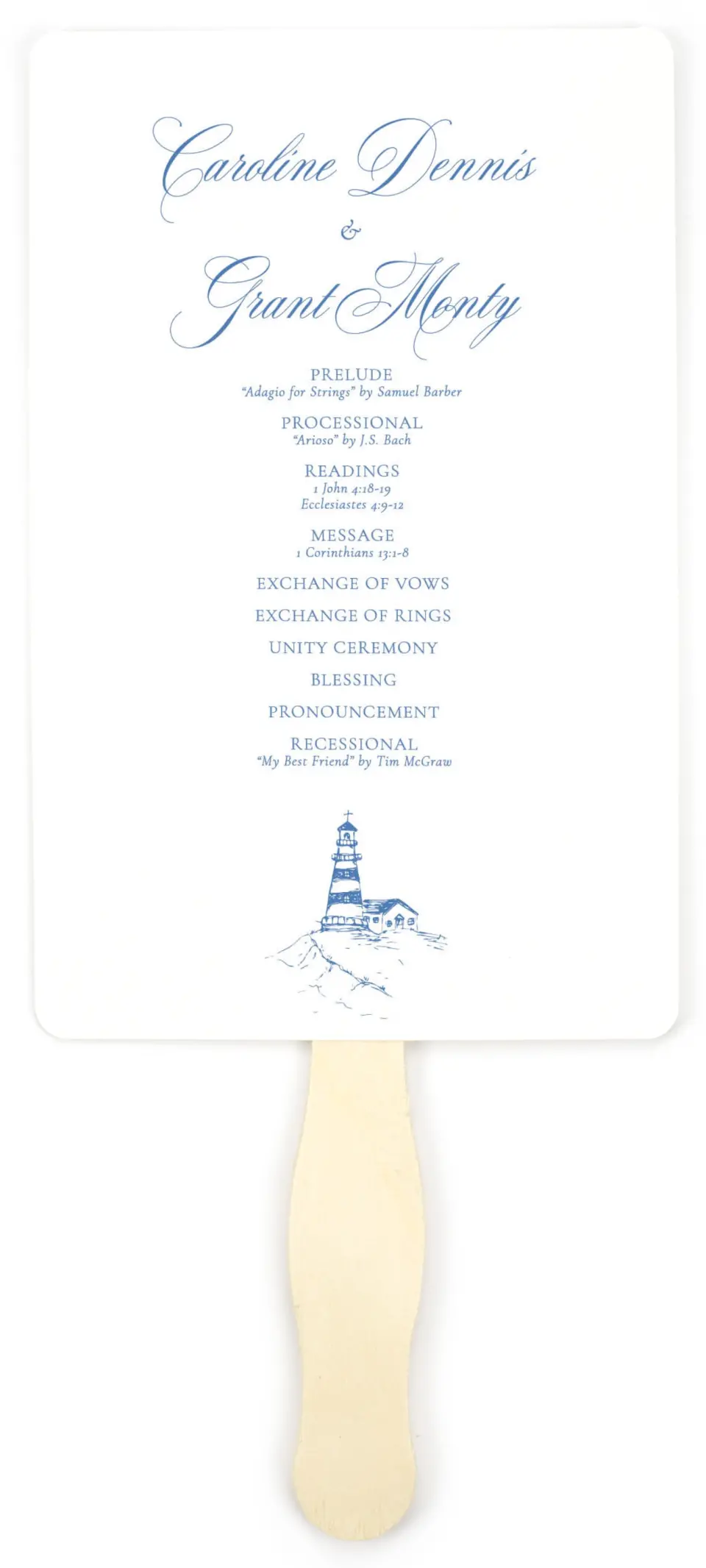 This is a 5" x 7⅞" Wedding Program Fan called Bradley printed in full color with Gold foil on Luxe Satin (coated) paper