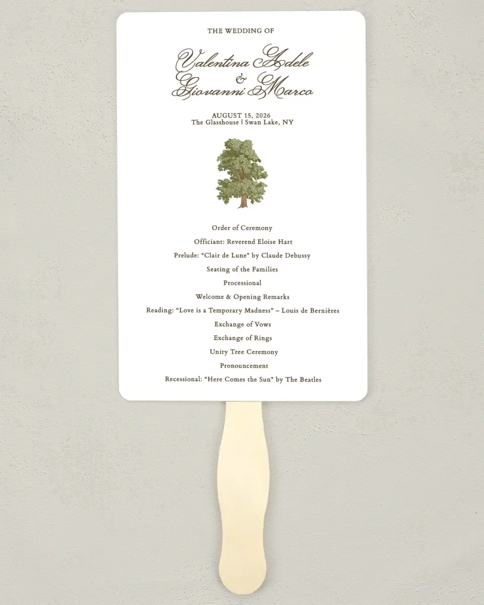 This is a 5" x 7⅞" Wedding Program Fan called Holloway printed in full color on Premium Smooth paper