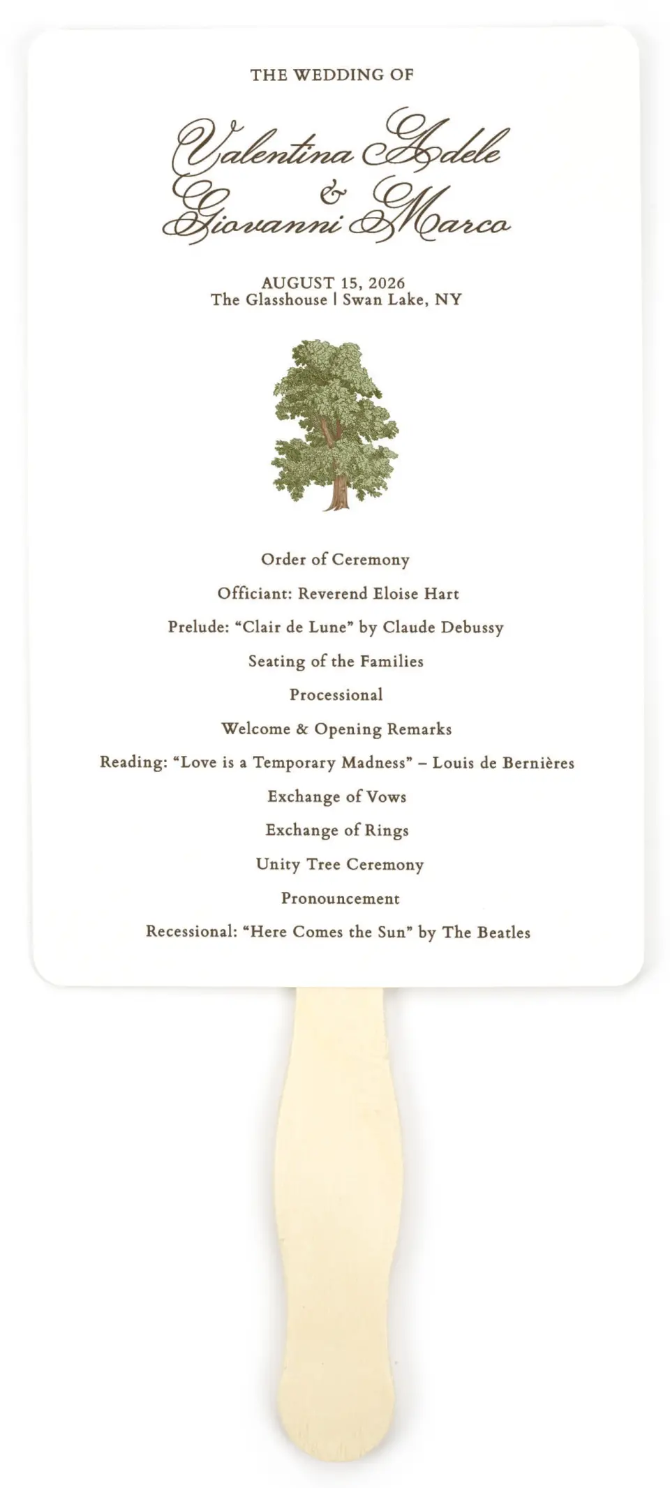 This is a 5" x 7⅞" Wedding Program Fan called Holloway printed in full color with Gold foil on Luxe Satin (coated) paper